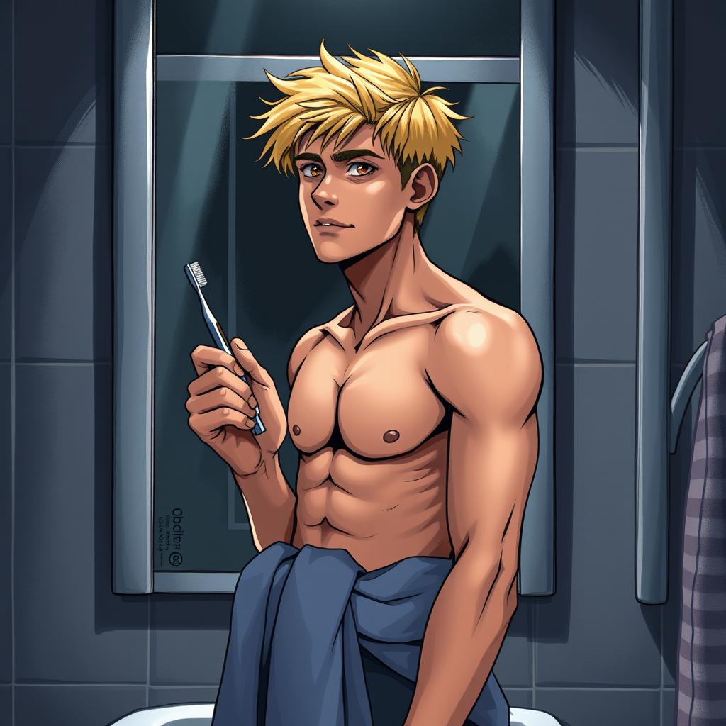 An American teenage man with blond hair standing in front of a bathroom mirror, holding a toothbrush in one hand and wearing a towel wrapped around his waist