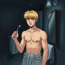 An American teenage man with blond hair standing in front of a bathroom mirror, holding a toothbrush in one hand and wearing a towel wrapped around his waist