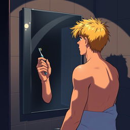 An American teenage man with blond hair standing in front of a bathroom mirror, holding a toothbrush in one hand and wearing a towel wrapped around his waist