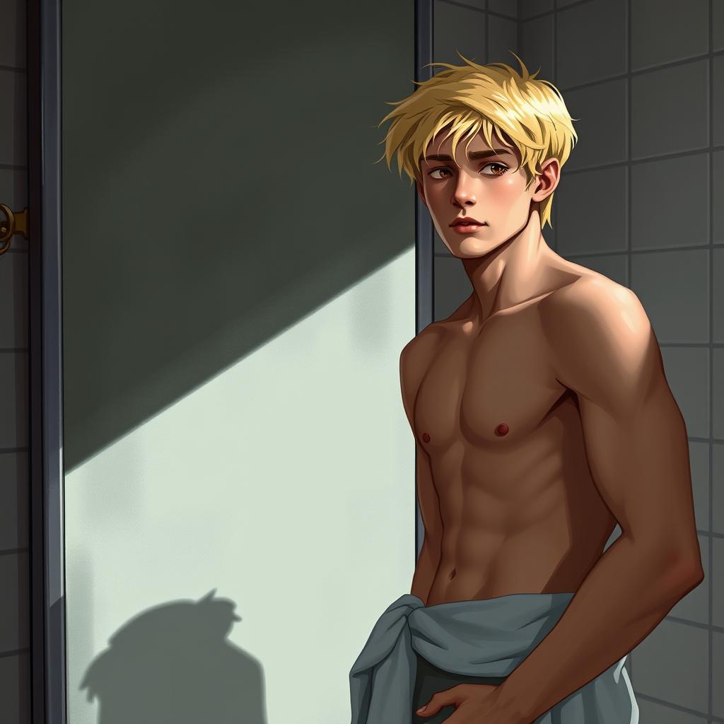 An American male teenager with blond hair standing in front of a bathroom mirror, holding a toothbrush in one hand and wearing a towel wrapped around his waist