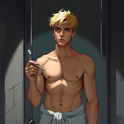 An American male teenager with blond hair standing in front of a bathroom mirror, holding a toothbrush in one hand and wearing a towel wrapped around his waist