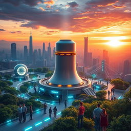 A dynamic and imaginative representation of the fusion energy revolution, showcasing a futuristic cityscape powered by clean energy