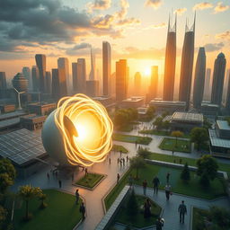 A highly realistic and striking image depicting the fusion energy revolution, illustrating a modern megacity illuminated by the innovative power of fusion energy