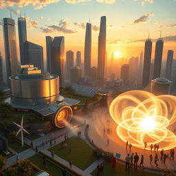 A highly realistic and striking image depicting the fusion energy revolution, illustrating a modern megacity illuminated by the innovative power of fusion energy