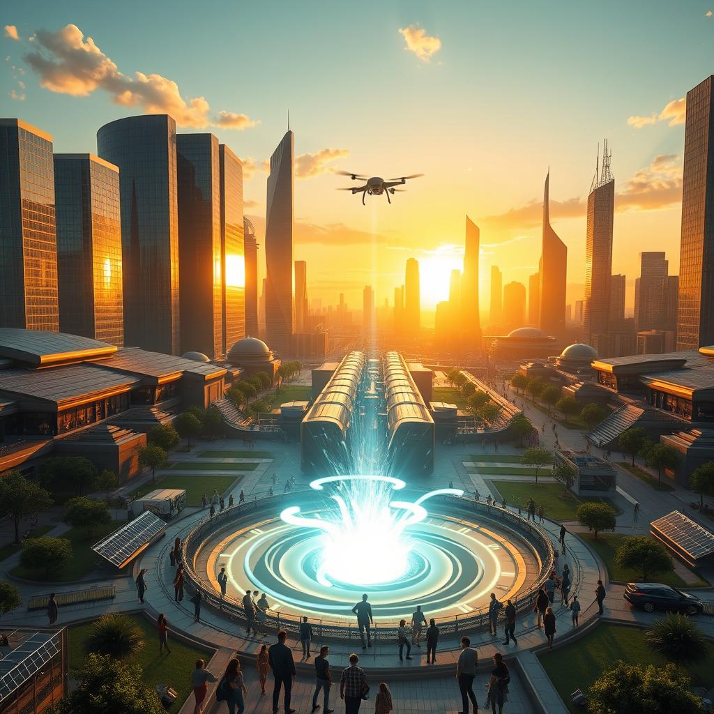 A highly realistic and striking image depicting the fusion energy revolution, illustrating a modern megacity illuminated by the innovative power of fusion energy