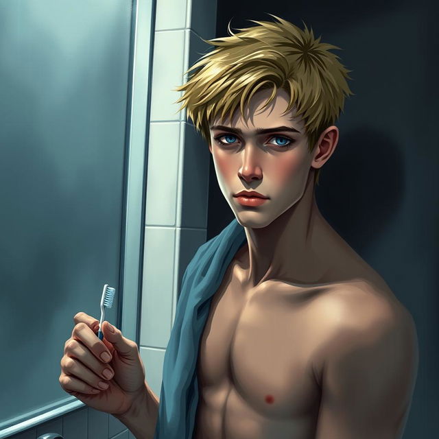 An American male teenager with blond hair and striking blue eyes standing in front of a bathroom mirror, holding a toothbrush in one hand and wearing a towel wrapped around his waist