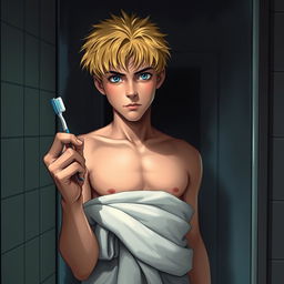 An American male teenager with blond hair and striking blue eyes standing in front of a bathroom mirror, holding a toothbrush in one hand and wearing a towel wrapped around his waist