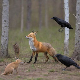 A vivid scene featuring a fox, a raven, and a hare interacting in their natural habitat.