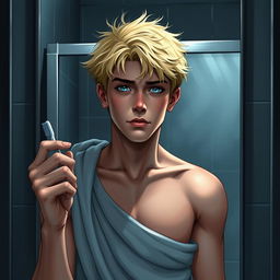 An American male teenager with blond hair and striking blue eyes standing in front of a bathroom mirror, holding a toothbrush in one hand and wearing a towel wrapped around his waist