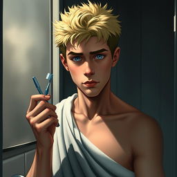 An American male teenager with blond hair and striking blue eyes standing in front of a bathroom mirror, holding a toothbrush in one hand and wearing a towel wrapped around his waist