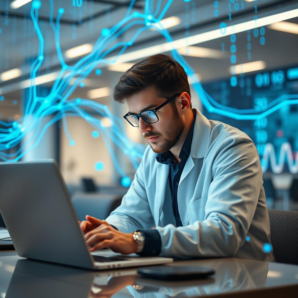 A focused data scientist or programmer working diligently on a sleek laptop, surrounded by abstract blue technology-themed elements and digital graphics