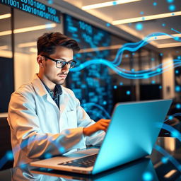 A focused data scientist or programmer working diligently on a sleek laptop, surrounded by abstract blue technology-themed elements and digital graphics