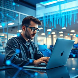 A focused data scientist or programmer working diligently on a sleek laptop, surrounded by abstract blue technology-themed elements and digital graphics