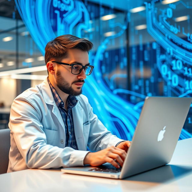 A focused data scientist or programmer working diligently on a sleek laptop, surrounded by abstract blue technology-themed elements and digital graphics