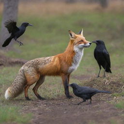 A vivid scene featuring a fox, a raven, and a hare interacting in their natural habitat.