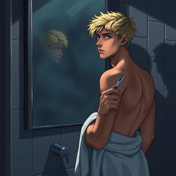 An American male teenager with blond hair standing in front of a bathroom mirror, holding a toothbrush in one hand and wearing a towel wrapped around his waist