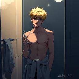 An American male teenager with blond hair standing in front of a bathroom mirror, holding a toothbrush in one hand and wearing a towel wrapped around his waist