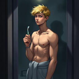 An American male teenager with blond hair standing in front of a bathroom mirror, holding a toothbrush in one hand and wearing a towel wrapped around his waist