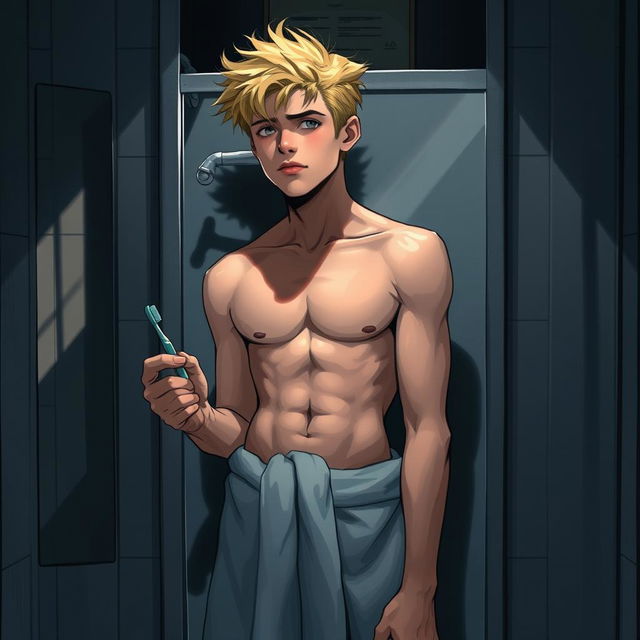 An American male teenager with blond hair standing in front of a bathroom mirror, holding a toothbrush in one hand and wearing a towel wrapped around his waist