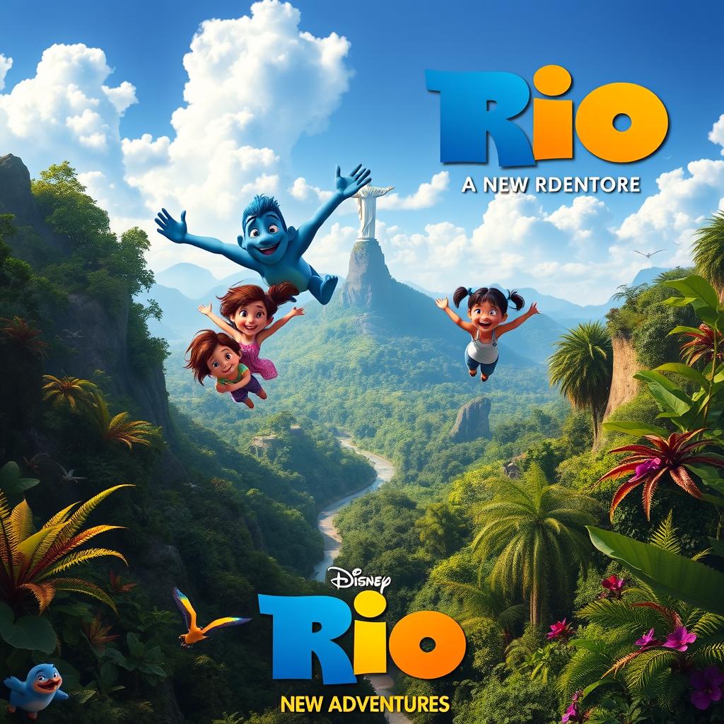 A vibrant movie poster for a new Rio film featuring Blu, Perla, and their children flying joyfully over the Amazon rainforest, with the iconic Cristo Redentor statue visible in the distance