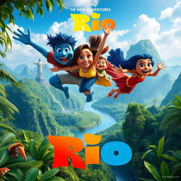 A vibrant movie poster for a new Rio film featuring Blu, Perla, and their children flying joyfully over the Amazon rainforest, with the iconic Cristo Redentor statue visible in the distance