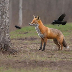 A vivid scene featuring a fox, a raven, and a hare interacting in their natural habitat.