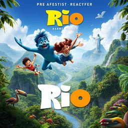 A vibrant movie poster for a new Rio film featuring Blu, Perla, and their children flying joyfully over the Amazon rainforest, with the iconic Cristo Redentor statue visible in the distance