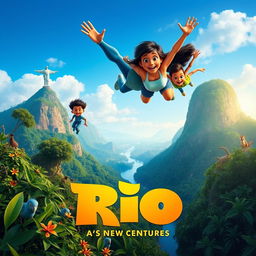 A vibrant movie poster for a new Rio film featuring Blu, Perla, and their children flying joyfully over the Amazon rainforest, with the iconic Cristo Redentor statue visible in the distance