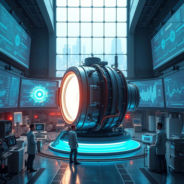 A hyper-realistic depiction of a fusion energy facility representing the revolution of fusion energy