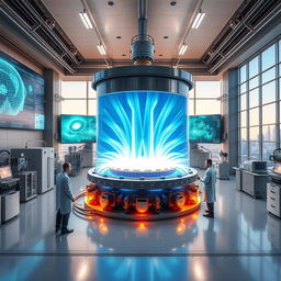 A hyper-realistic depiction of a fusion energy facility representing the revolution of fusion energy