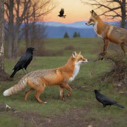 A vivid scene featuring a fox, a raven, and a hare interacting in their natural habitat.