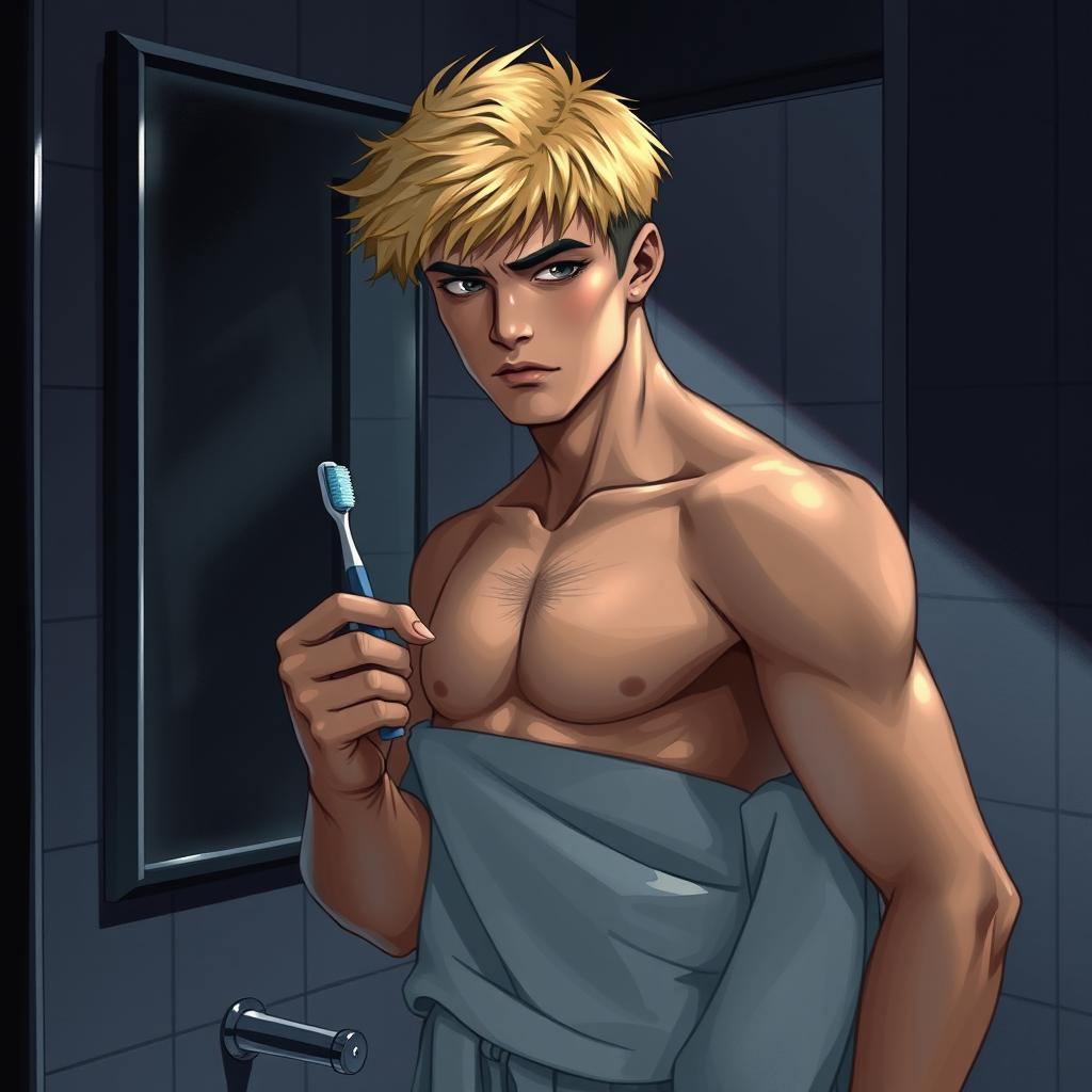 An American male teenager with blond hair standing in front of a bathroom mirror, holding a toothbrush in one hand and wearing a towel wrapped around his waist