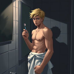 An American male teenager with blond hair standing in front of a bathroom mirror, holding a toothbrush in one hand and wearing a towel wrapped around his waist