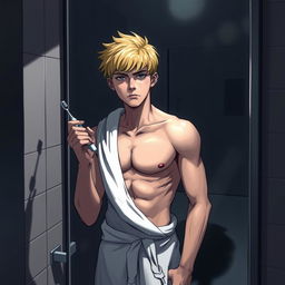 An American male teenager with blond hair standing in front of a bathroom mirror, holding a toothbrush in one hand and wearing a towel wrapped around his waist