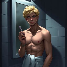 An American male teenager with blond hair standing in front of a bathroom mirror, holding a toothbrush in one hand and wearing a towel wrapped around his waist