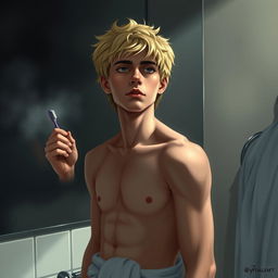 An American male teenager with blond hair standing in front of a bathroom mirror, holding a toothbrush in one hand and wearing a towel wrapped around his waist