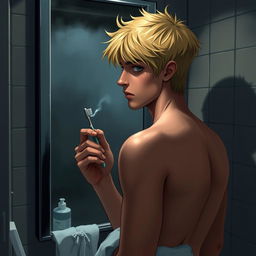 An American male teenager with blond hair standing in front of a bathroom mirror, holding a toothbrush in one hand and wearing a towel wrapped around his waist