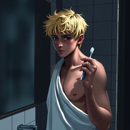 An American male teenager with blond hair standing in front of a bathroom mirror, holding a toothbrush in one hand and wearing a towel wrapped around his waist