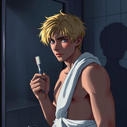 An American male teenager with blond hair standing in front of a bathroom mirror, holding a toothbrush in one hand and wearing a towel wrapped around his waist