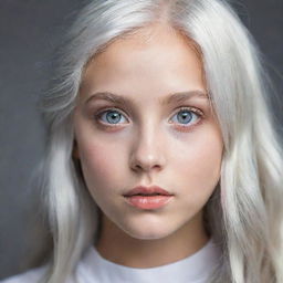 A striking portrait of a girl with luminous grey eyes and shimmering platinum hair.