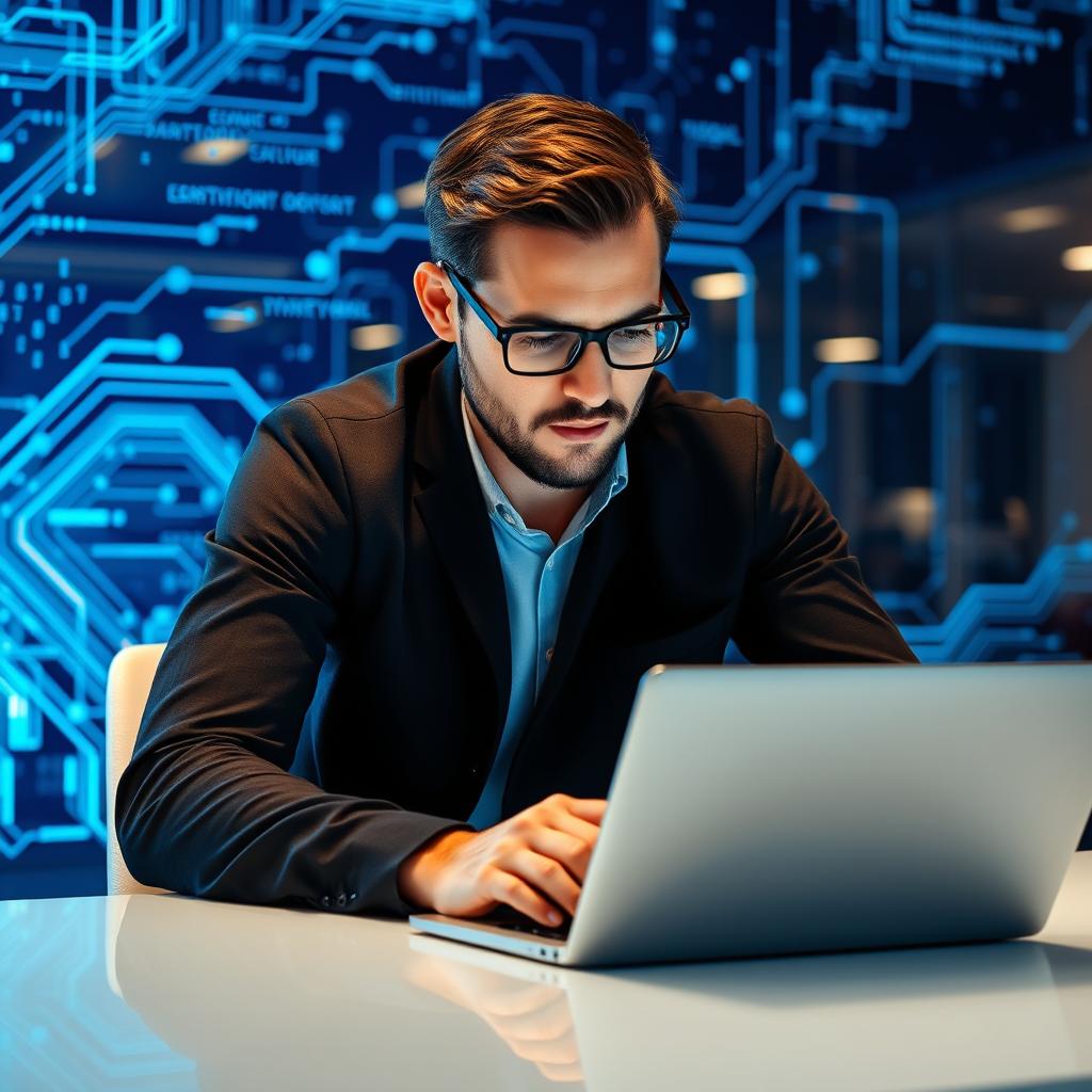 A professional data scientist or programmer intensely focused on their laptop, set against a stunning blue technology background