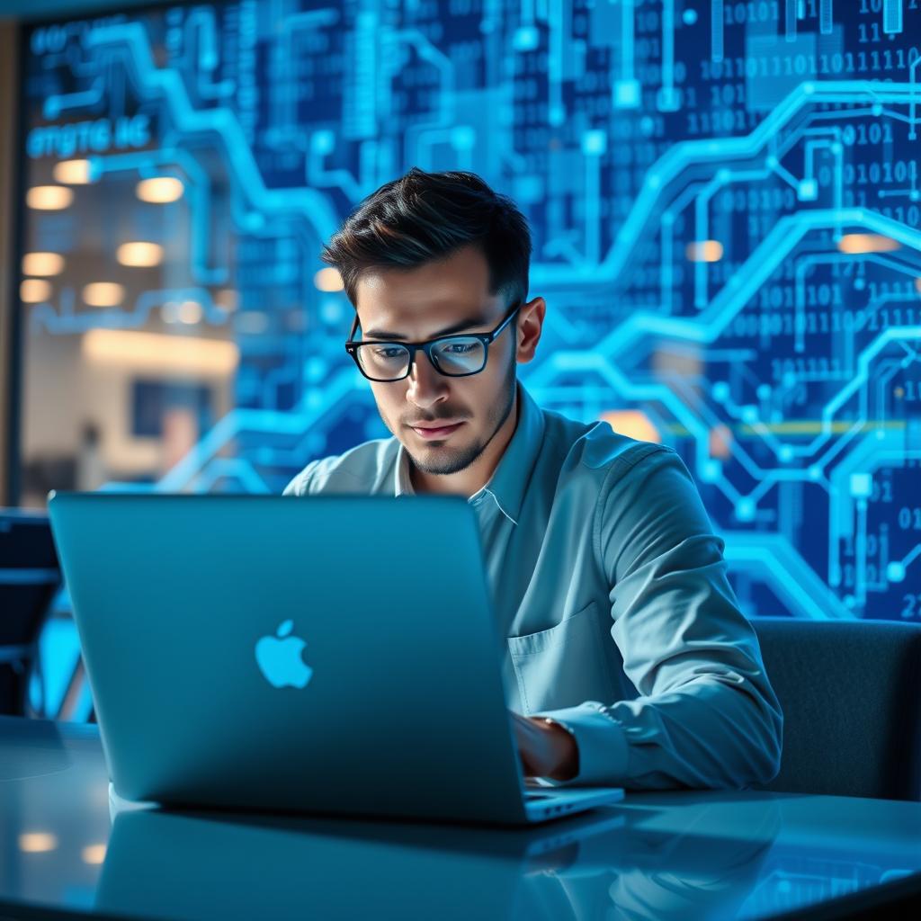 A professional data scientist or programmer intensely focused on their laptop, set against a stunning blue technology background