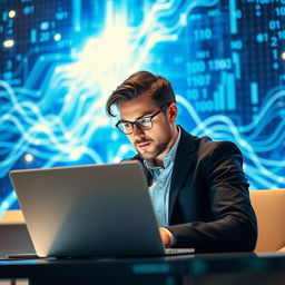 A professional data scientist or programmer intensely focused on their laptop, set against a stunning blue technology background