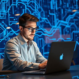 A professional data scientist or programmer intensely focused on their laptop, set against a stunning blue technology background