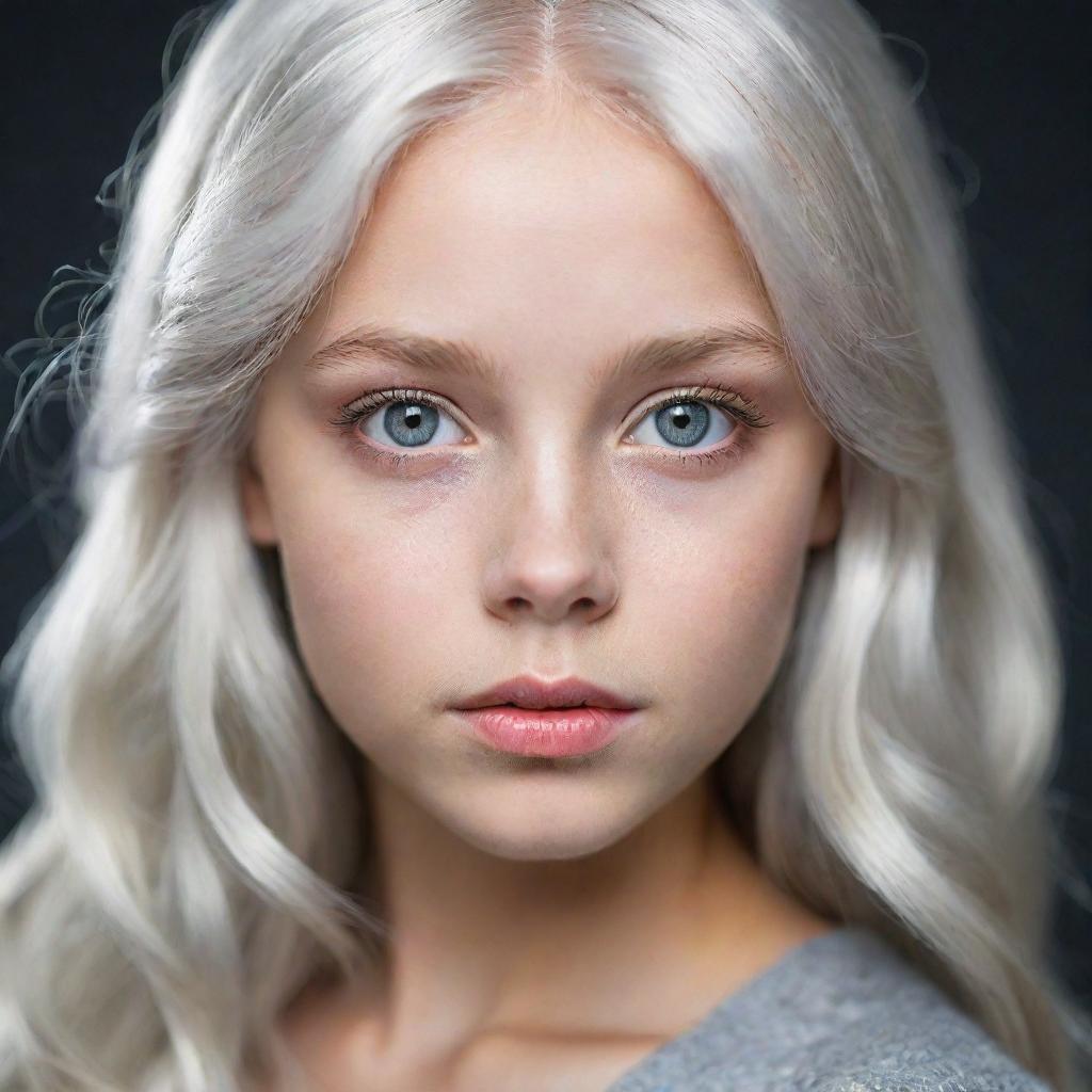 A striking portrait of a girl with luminous grey eyes and shimmering platinum hair.