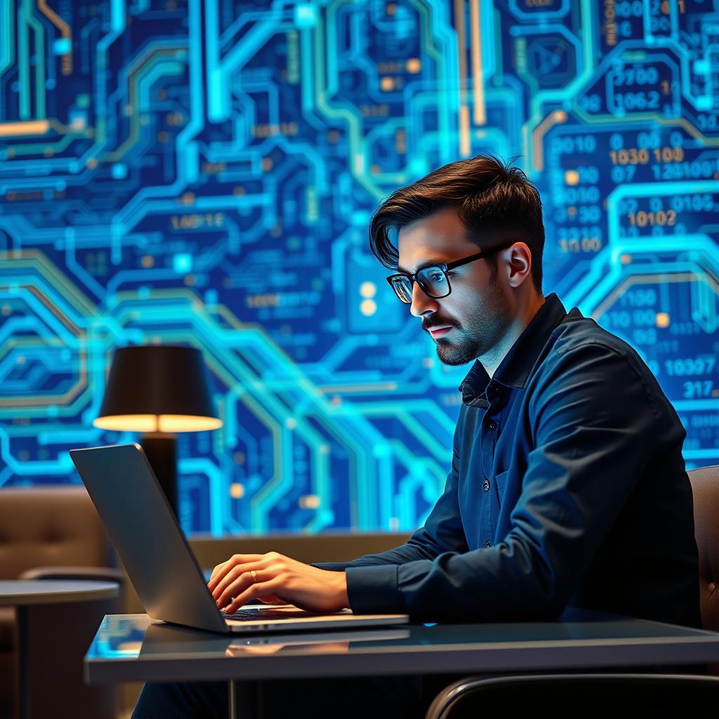 A focused data scientist or programmer working diligently on a sleek laptop, set against a striking blue technology background