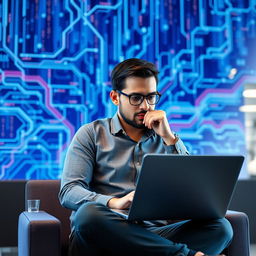 A focused data scientist or programmer working diligently on a sleek laptop, set against a striking blue technology background