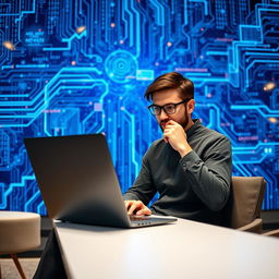 A focused data scientist or programmer working diligently on a sleek laptop, set against a striking blue technology background