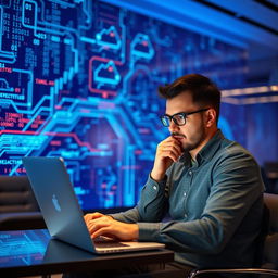 A focused data scientist or programmer working diligently on a sleek laptop, set against a striking blue technology background