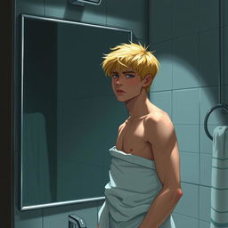 An American male teenager with blond hair standing in front of a bathroom mirror, wearing a towel wrapped around his waist